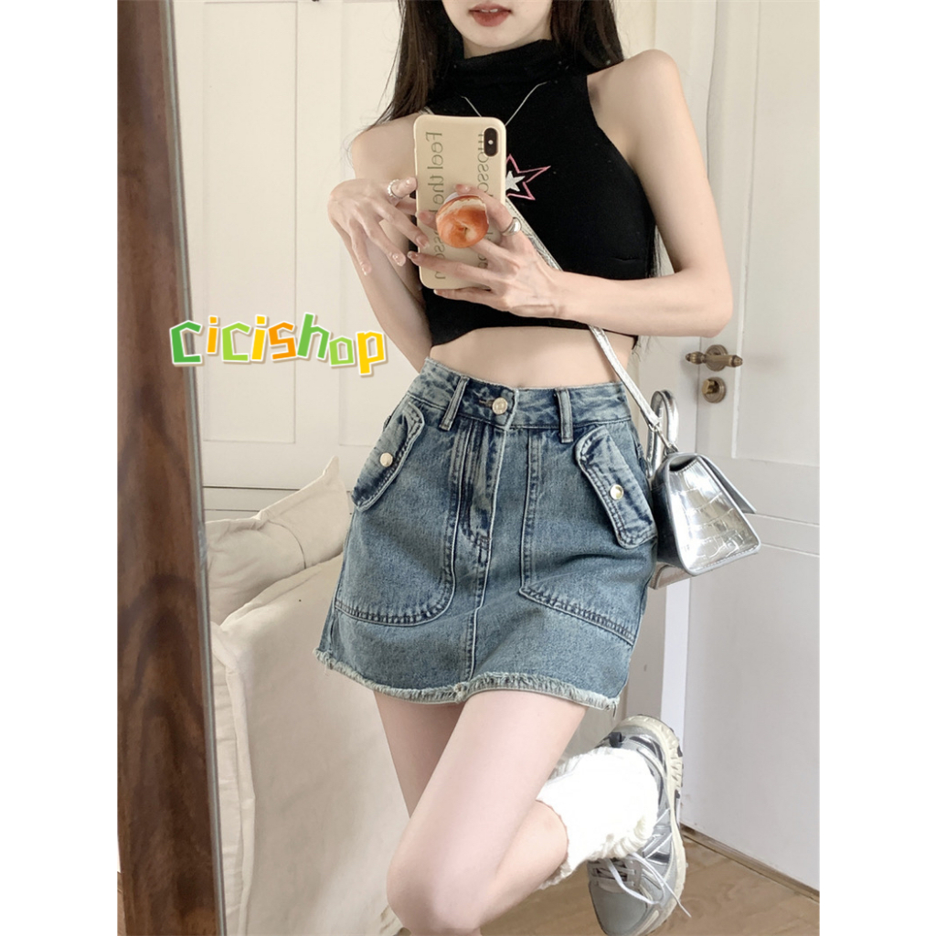 Cicishop(998)กระโปรงกางเกงยีนส์เอวสูง ดีเทลปลายรุ่ยแต่งกระเป๋าเก๋ๆ สไตล์โคเรียเท่ๆ