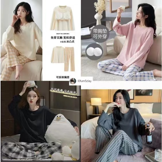 M-4XL,ชุดนอนพร้อมฟองน้ํา， ชุดนอนแขนยาว， ผ้าฝ้าย， หลากหลายรูปแบบ， ที่ได้รับความนิยม