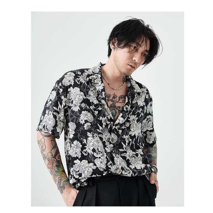 (พร้อมส่งด่วน) เสื้อฮาวาย เสื้อแฟชั่น แขนสั้น ผ้าไหมอิตาลี Oversize ขนาด M, L, XL, 2XL สไตล์ญี่ปุ่นสีเข้ม ยามาโมโตะ