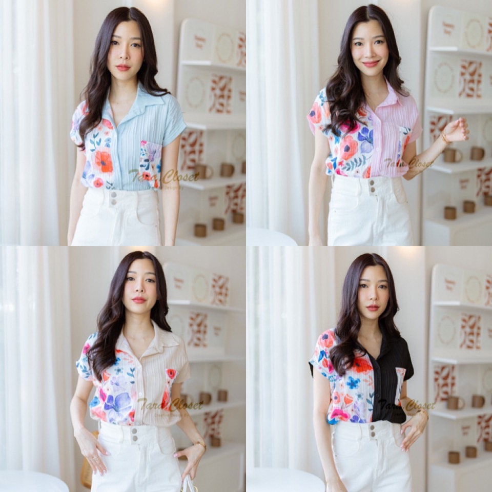 ZO069 TARA Shirt เสื้อเชิ้ต คอปก ทรงโอเวอร์ไซร์ ลายดอกไม้ ทูโทน เนื้อผ้าเปลือกไม้ ผ้าดี ใส่สบาย ไม่ร้อน