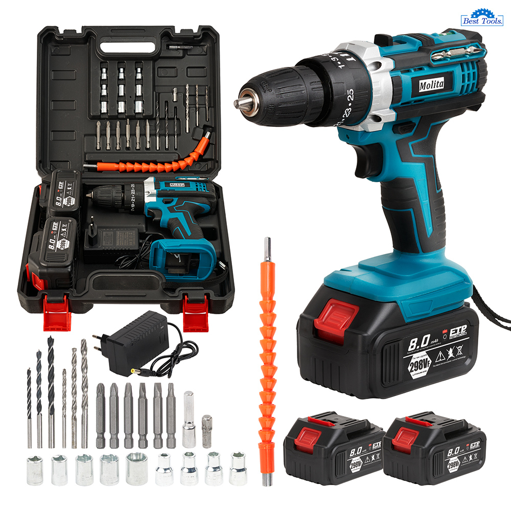 MOLITA สว่านไร้สาย สว่าน 298V 3 ระบบ มีระบบกระแทก แบตเตอรี่ 2 ก้อน เครื่องมือช่าง รวม 28ชิ้น รองรับงานหนัก รุ่นสีฟ้า