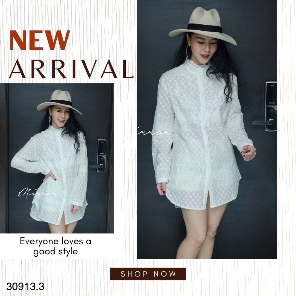 ป้าย Mirrorsister 30913.3 เดรสเชิ้ตสีขาวงานปักทั้งตัวลายปักนูน ดีไซน์น่ารัก ช่วงคอตั้งกุ๊นลูกไม้ ช่วงอกแต่งทับลายลูกไม้