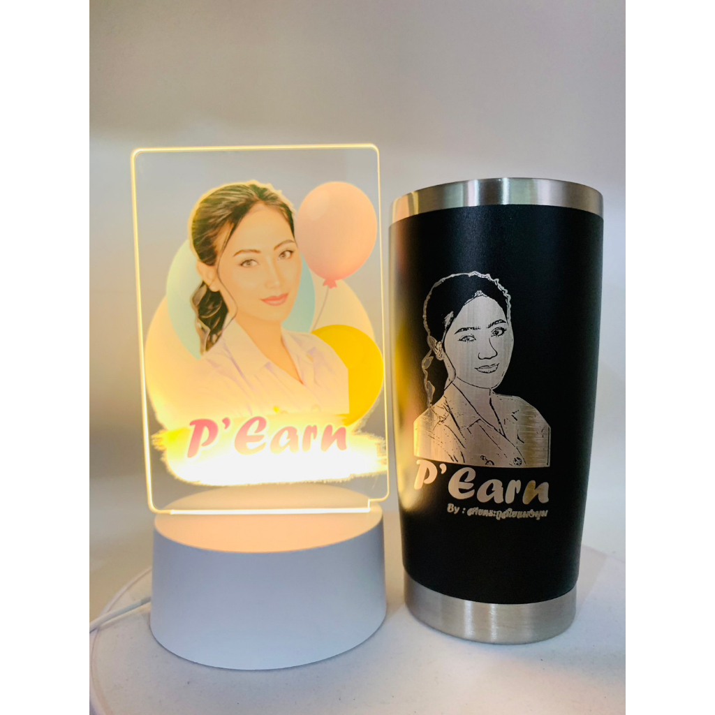 (สุดคุ้มแก้ว+โคมไฟ)แก้วเก็บอุณหภูมิขอบเลส20ออน (เลเซอร์)+โคมไฟตั้งโต๊ะ (สกรีนรูป)  ใส่รูป ข้อความได้
