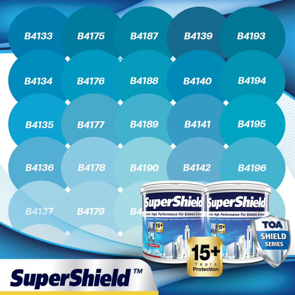 TOA SuperShield สีฟ้า เนียน ขนาด 1 ลิตร เฉดสีใหม่ สีทาบ้าน Shield Series เกรด 15 ปี สีทนร้าน ทนสภาวะ