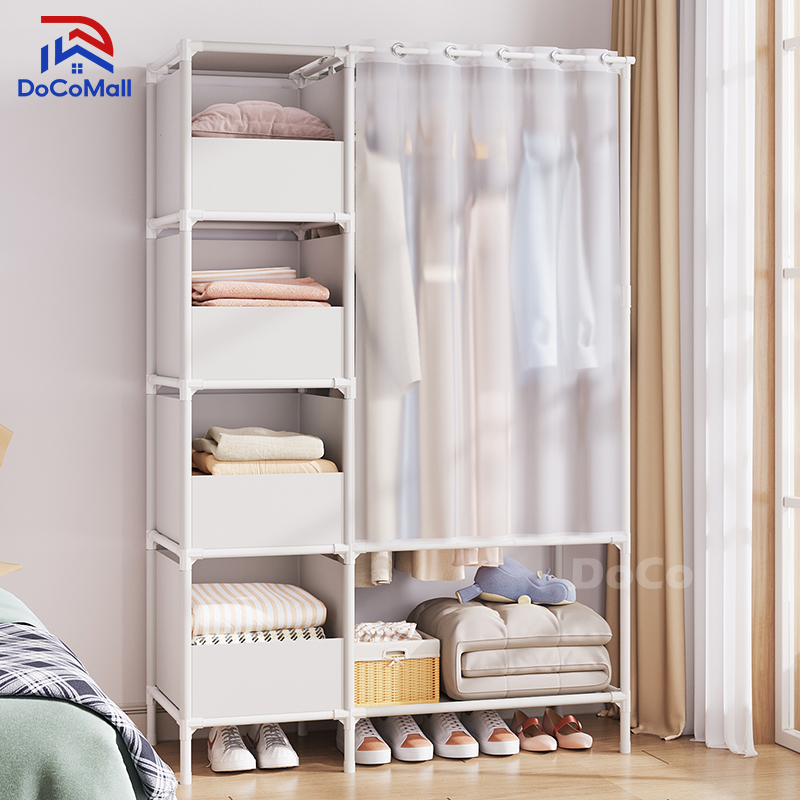 [มีชั้นวางของพร้อมม่าน] ราวตากผ้า 3 in 1 หลายช่อง/ความจุมาก ประหยัดพื้นที่ ที่แขวนผ้า + ชั้นวางของอเนกประสงค์