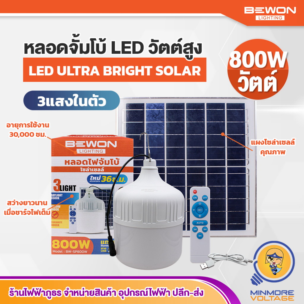 BEWON หลอดไฟตุ้มโซล่าเซลล์ พลังงานแสงอาทิตย์ แคมป์ปิ้ง ปรับได้ 3 แสง 800W พร้อมแผงโซล่า