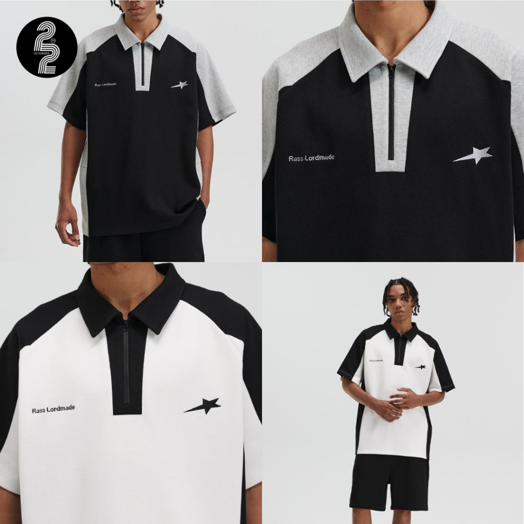 KR1019 "Woolero Shirt"เสื้อโปโลเกาหลีดีเทลสลับสีเทาลายสตาร์