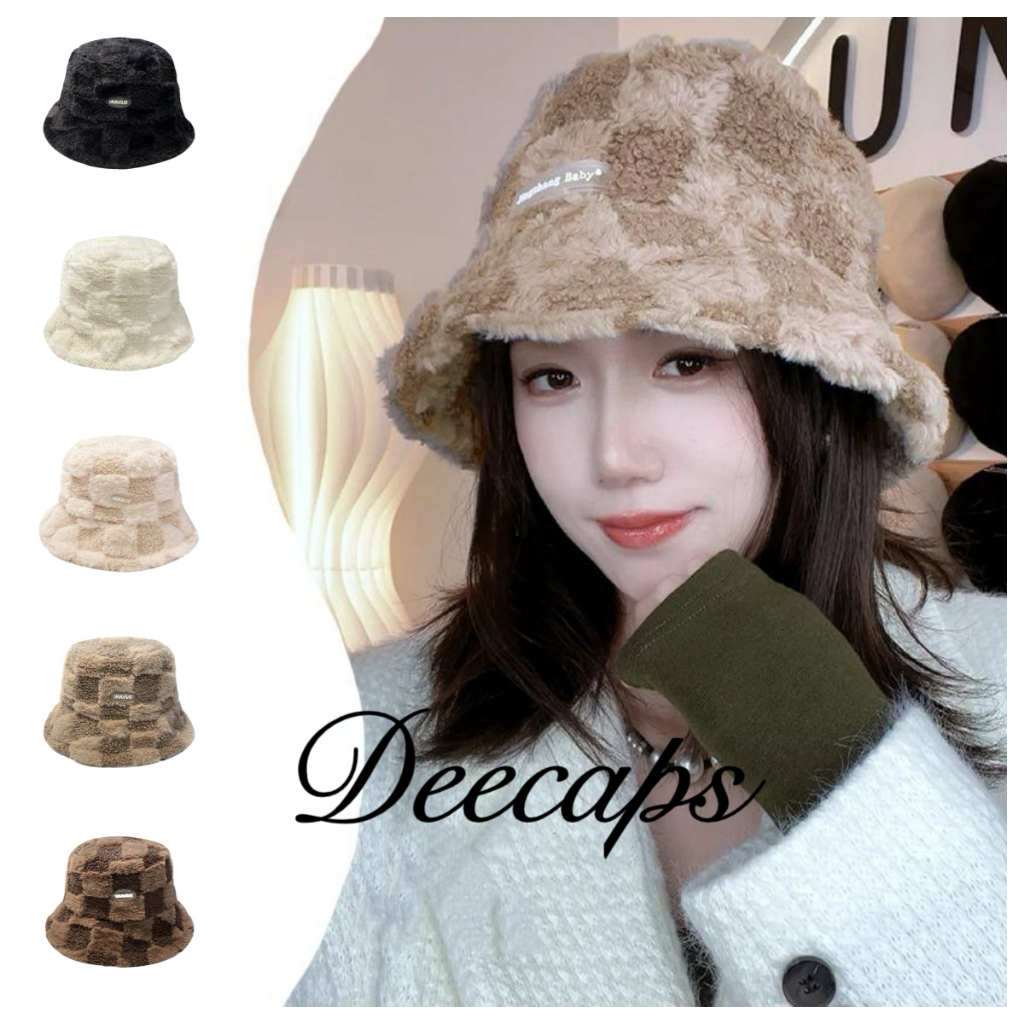 (IUE) หมวกกันหนาว ทรงบัคเก็ต ขนเทียม ลายตาราง