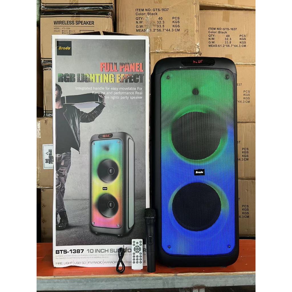 ลำโพงบลูทูธ รุ่นBTS-1387 ขนาด10*2ดอก ฟรีไมค์ลอย/รีโมท รองรับAUX/TF/USB ปรับเบส/แอคโค่ได้ ทรงสวยมีล้อ