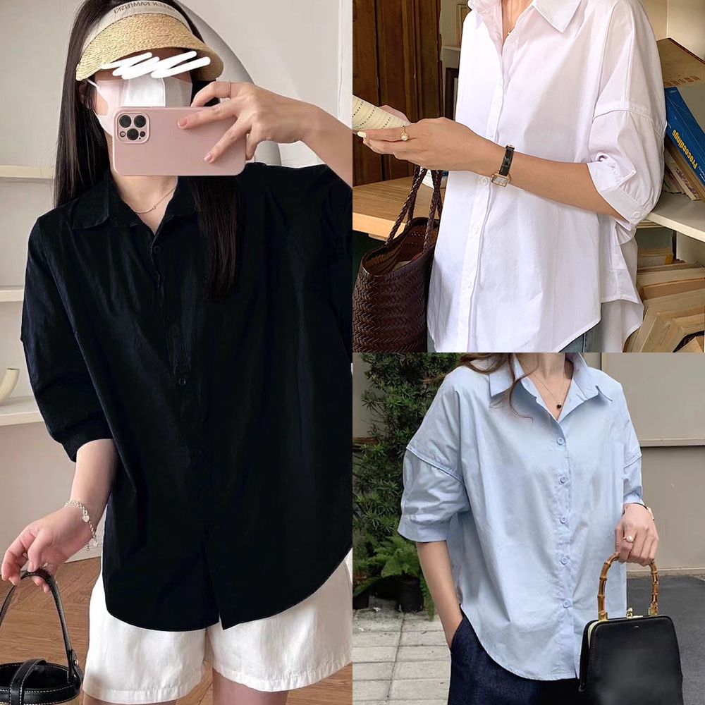 Beryl แฟชั่นผู้หญิง สีขาวสไตล์เกาหลีลำลองเสื้อแฟชั่นผญ2023 เสื้อหลวมกระดุมแขนยาวสีดำ