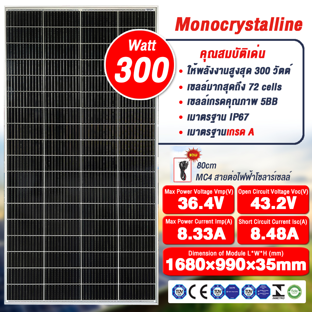 1 แผง แผงโซล่าเซลล์ 18V100W-18V200W-36V300W แผง MONOCrystalline Solar Cell Solar Panel