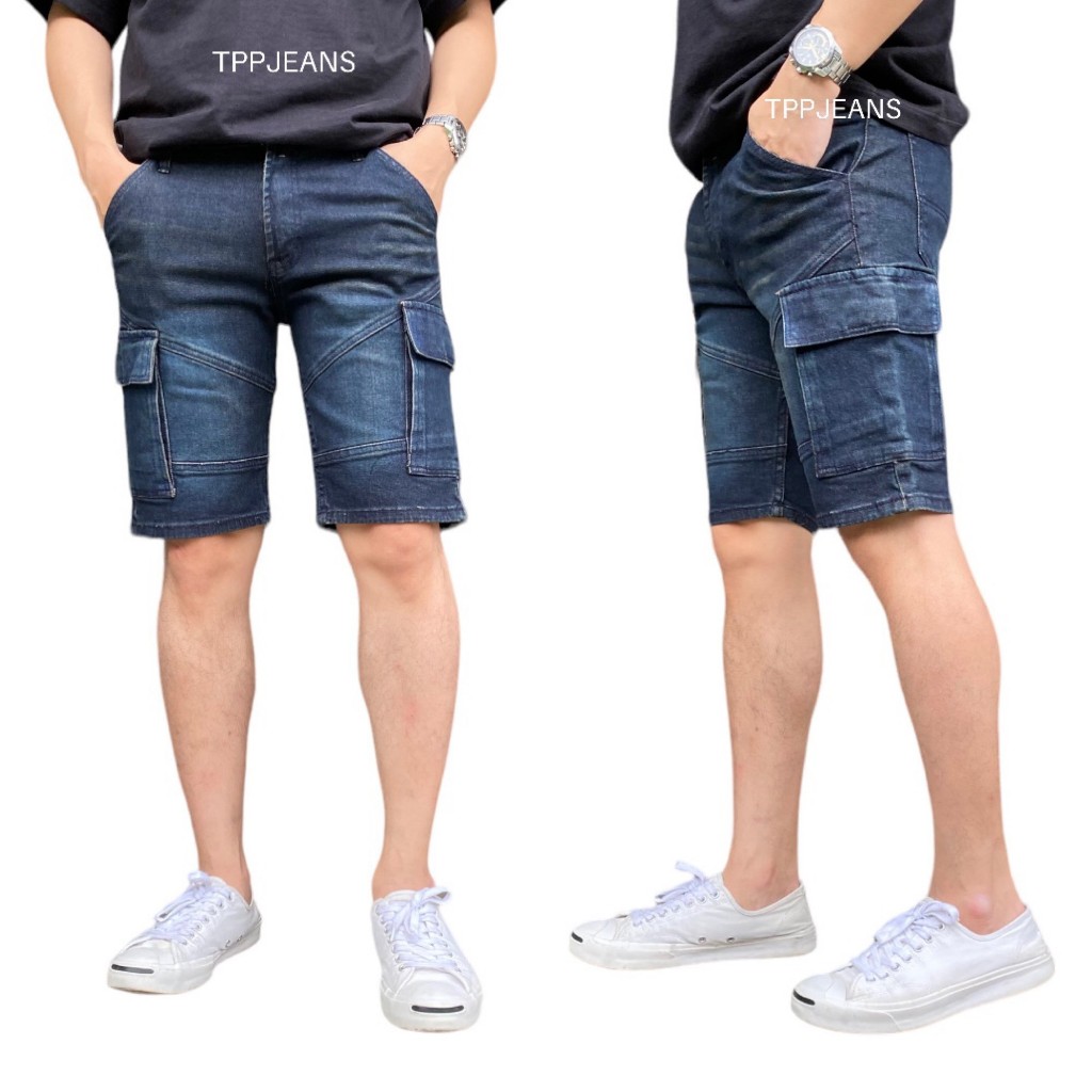 JEANSEXPRESS Cargo กางเกงยีนส์ขาสั้นคาร์โก้ กระเป๋าข้าง ผ้ายืด ใส่สบาย ป้ายหนังแท้ เป้าซิป Size 28-38
