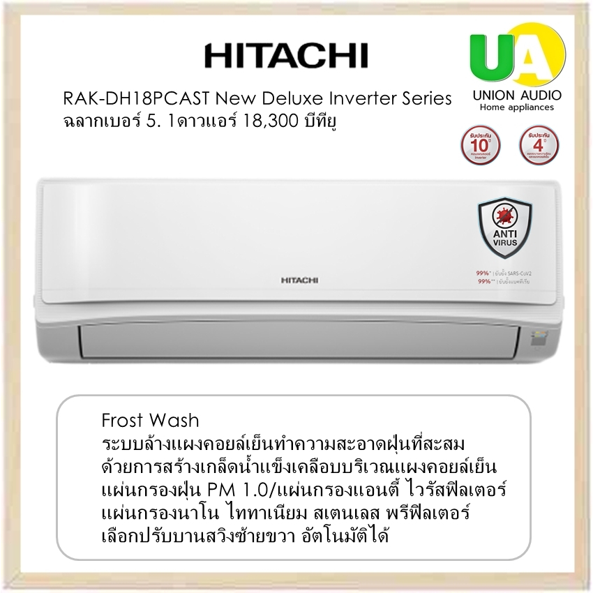 HITACHI แอร์ รุ่นRAK-DH18PCAST New Deluxe Inverter Series ฉลากเบอร์ 5 ★(1ดาว) แอร์ 18,300 บีทียู