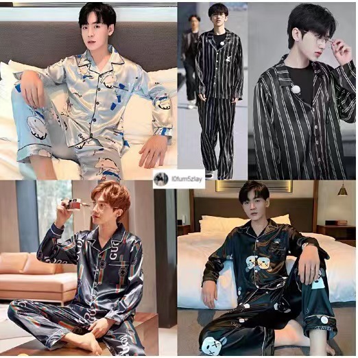 L-3XL(ราคาต่ำสุด)ชุดนอนผู้ชาย，ชุดนอนแขนยาว，ผ้าซาตินคุณภาพสูง，หลากหลายสไตล์ให้เลือก，ขายาว+คาร์ดิแกน
