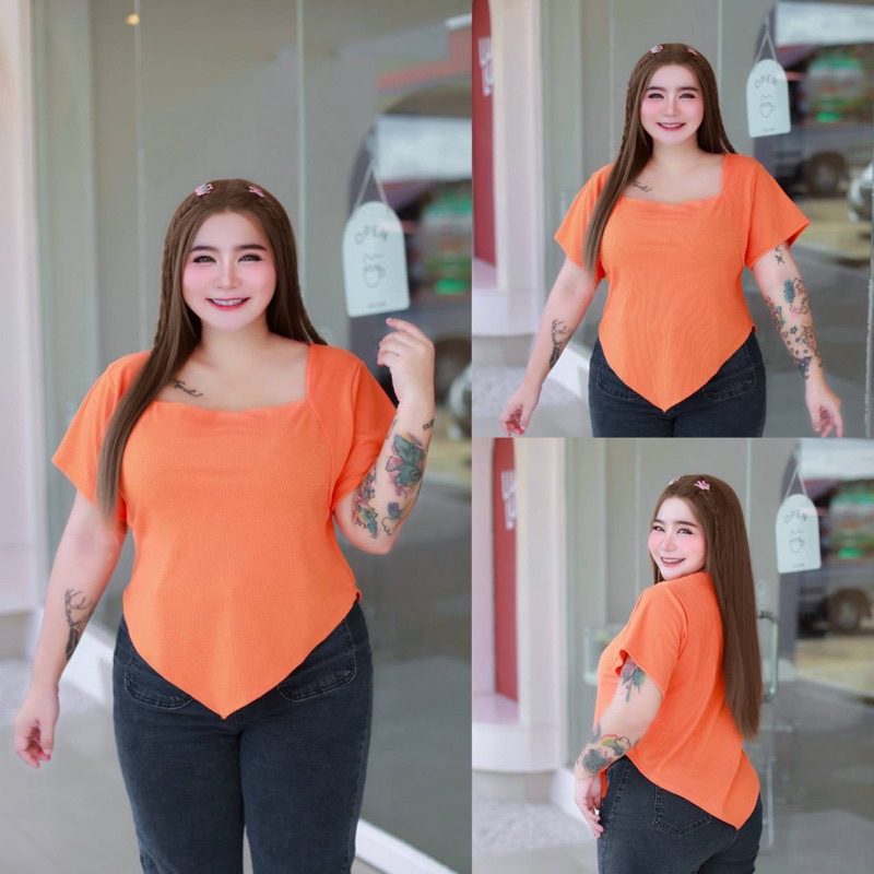 T12 เสื้อคอเหลี่ยมชายแหลม ผ้าร่องcvc เสื้อผ้าแฟชั่น