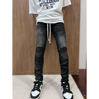 กางเกงยีนส์ขาวยาว ผู้ชาย ทรงเดฟ ติดแถบ ปะเข่า เอวเชือก เป้าก…