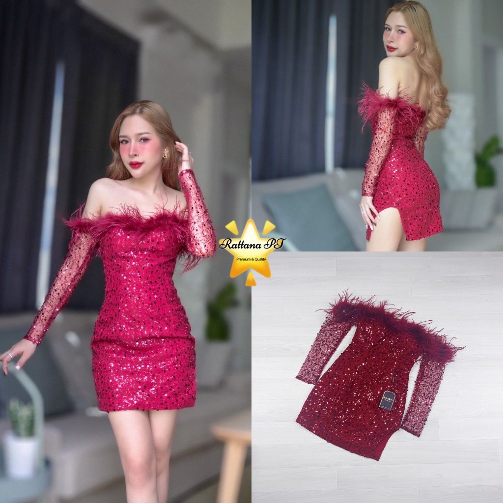 ชุดเดรสขนนกเปิดไหล่ สวยแซ่บ sexy ดูแพง ว๊าวมาก