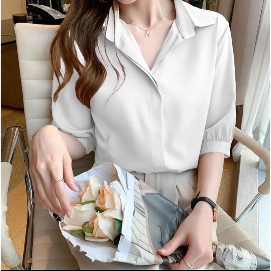 {พร้อมส่ง} รุ่น( G- เชิ้ตคาราเมลขาว) เสื้อแขนสั้น ผ้าไหมอิตาลี แบบสวม ใส่สบาย ไม่ระคายเคือง สาวอวบใส่ได้