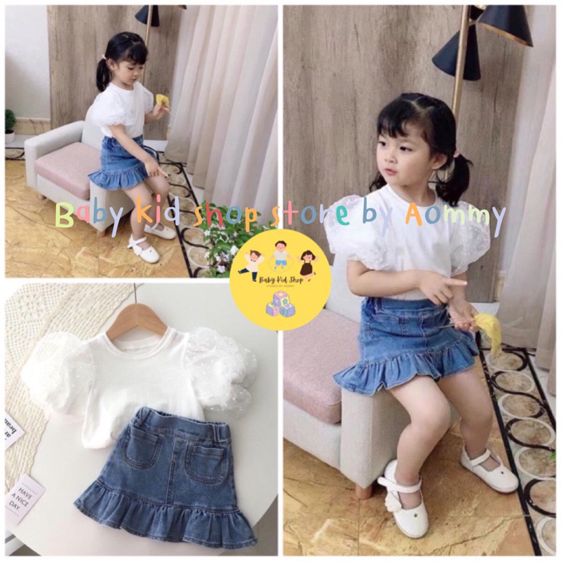 (พร้อมส่ง)ชุดเสื้อยืดแขนพอง กระโปรงยีนส์สำหรับเด็กผู้หญิง
