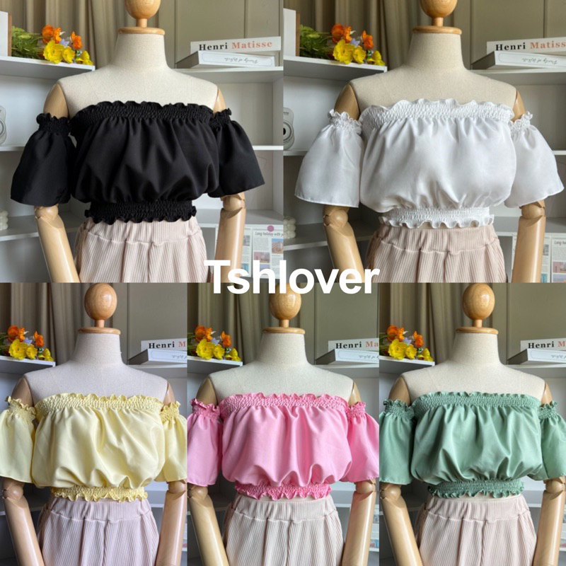 [ลูกค้าใหม่ 1 บาท]  🎉 ปาดไหล่แขนสั้น เสื้อครอปปาดไหล่ ครอปเปิดไหล่