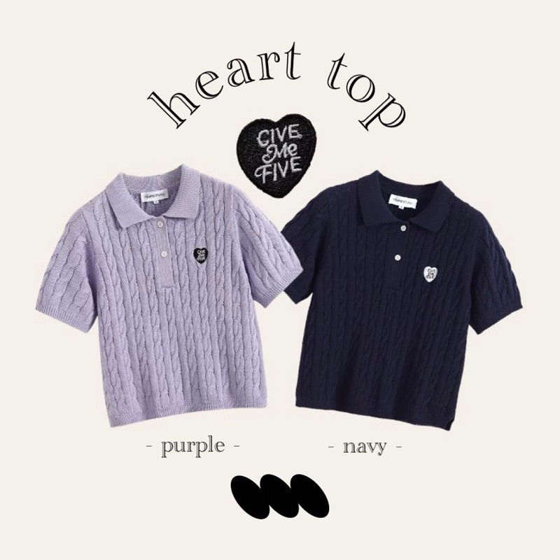 HEPPI heart top เสื้อไหมพรมคอปก ปักลายหัวใจ เสื้อคอปก พร้อมส่ง