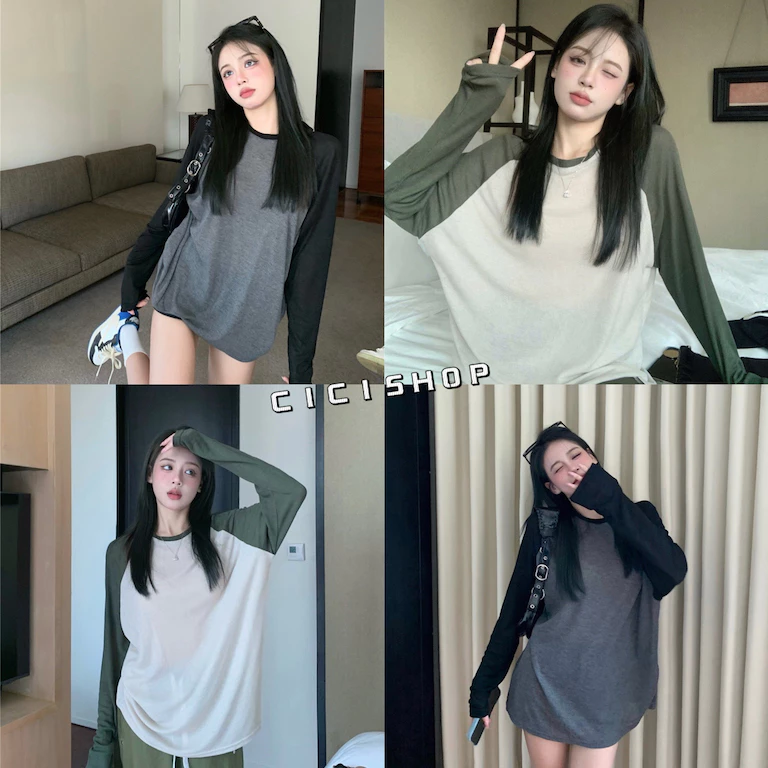 Cicishop(3325)เสื้อแขนยาวสีทูโทน ทรงoversize ใส่สบาย ไม่ควรพลาด เหมาะกับทุกวัย