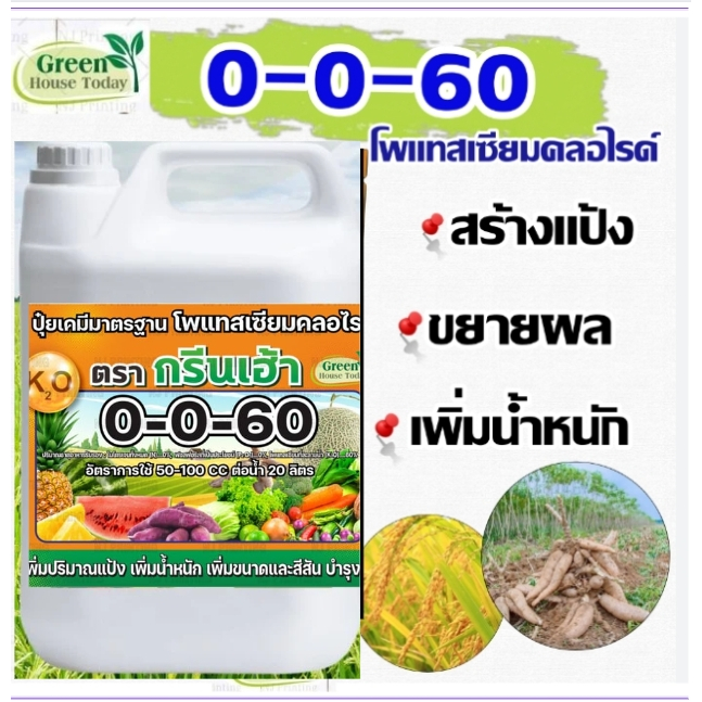 ปุ๋ยน้ำ 0-0-60/46-0-0     5ลิตร  เพิ่มปริมาณแป้ง เพิ่มความหวาน เพิ่มขนาด และสีสัน เพิ่มแป้ง เร่งหัว