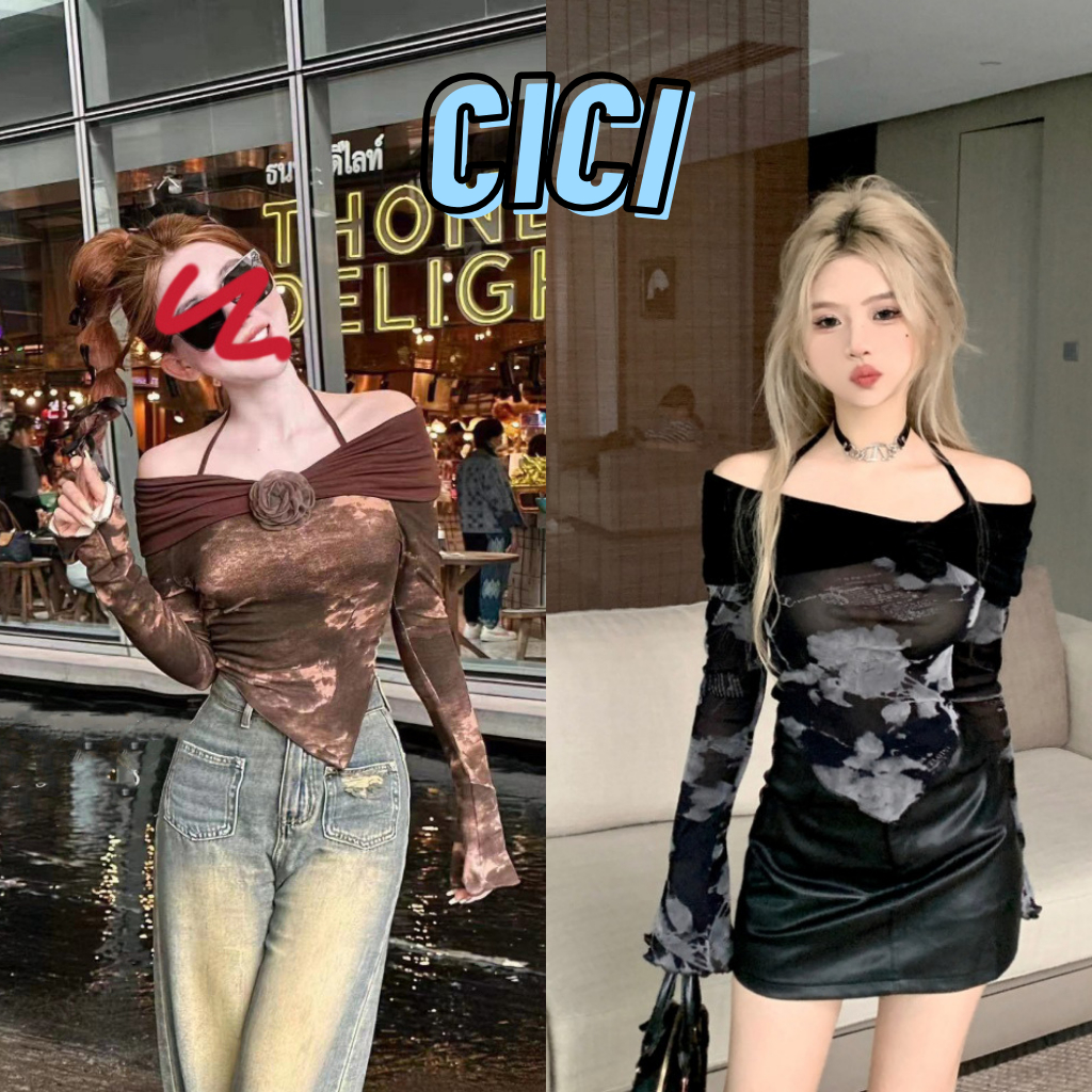 Cici(NO.D0197)เสื้อแขนยาวซีทรูปาดไหล่ พิมพ์ลาย ดีเทลดอกไม้ตรงหน้าอก มีสายคล้อง สาวแซ่บห้ามพลาด
