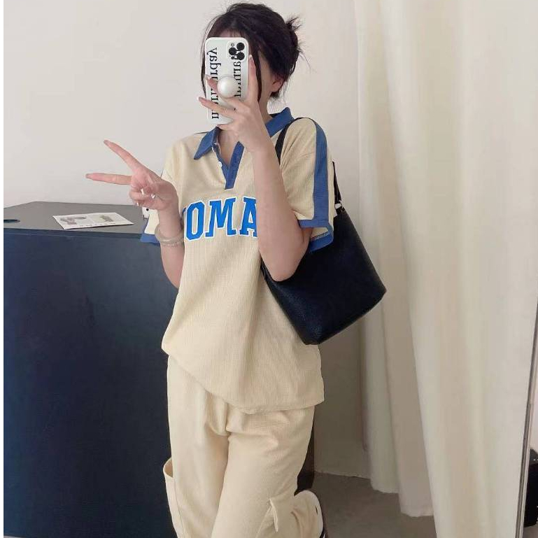 👚มาใหม่👖 ชุดเซท เสื้อคอปกกระดุมหน้า เเขนสั้น-ขายาว ผ้าหนานุ่ม ฟรีไซส์