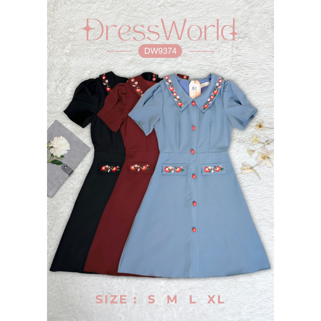 {S-XL} 9374 งานป้าย Dress World เดรสสั้นคอปก แต่งปักดอก น่ารักเรียบหรู ดูแพงสุดๆ จ้า