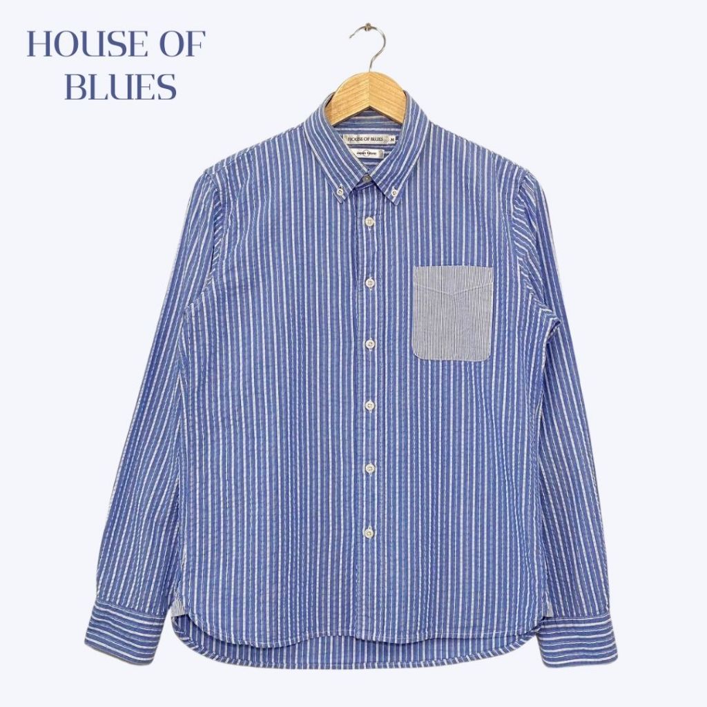 เสื้อเชิ้ตคอปกแขนยาว ผู้ชาย สีฟ้าตัดน้ำเงินขาว ลายทาง แบรนด์ House of blues ญี่ปุ่น มือสอง