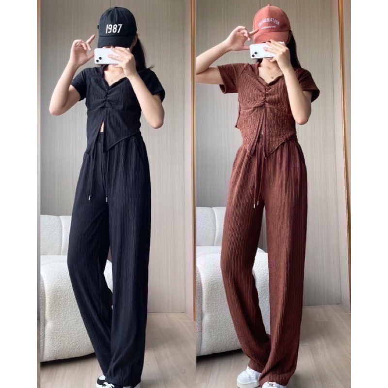 ชุดเซ็ต ผ้าเปลือกไม้ เสื้อผ่าหน้าจั้มอก + กางเกงขายาว - รูปที่ 2