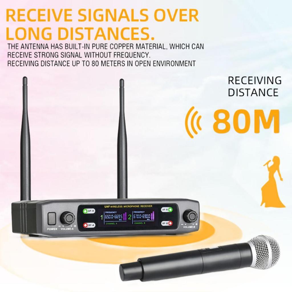 GLXD8 ไมโครโฟนไร้สายหนึ่งสำหรับสอง 2 ไมโครโฟนแบบใช้มือถือ UHF FM 80M ระยะรับป้องกันการเป่านกหวีด KTV