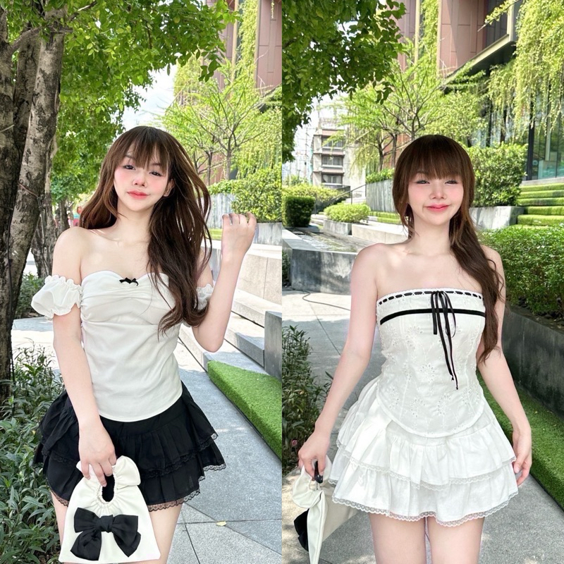 NUSA STYLE. กระโปรงระบาย 2 ชั้นฟรุ้งฟริ้งแต่งลูกไม้มีซับในกางเกง