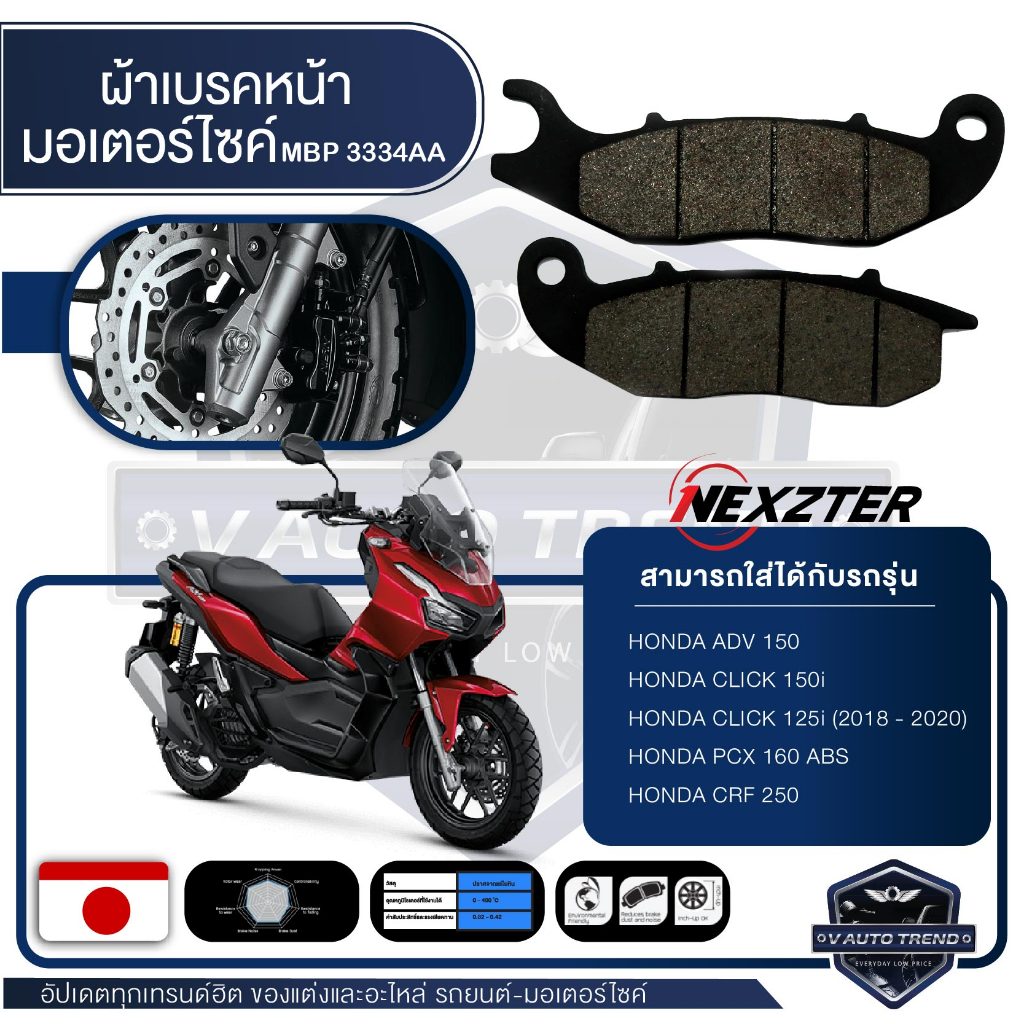 NEXZTER ผ้าเบรคหน้า 3334AA HONDA ADV 150 / HONDA CRF250 /PCX 160 ABS เบรค ผ้าเบรค ผ้าเบรคมอเตอร์ไซค์