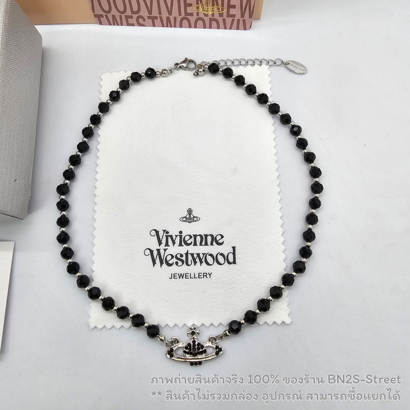 VIVIENNE WESTWOOD Orb Black Stone Choker Necklace สร้อยหินดำ วิเวียน อะไหล่เงิน งานปั๊ม โลโก้จี้ดาวเสาร์ คริสตัสสีดำ