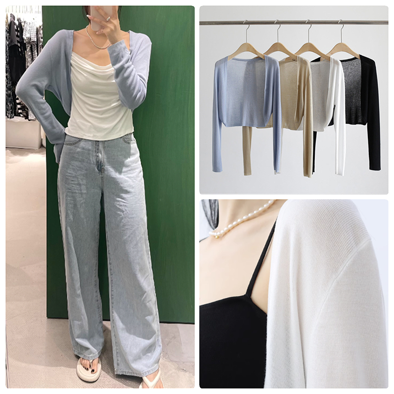 1577 เสื้อครอป กันแดด สีพื้น เปิดหน้า ผ้าถัก Cardigan