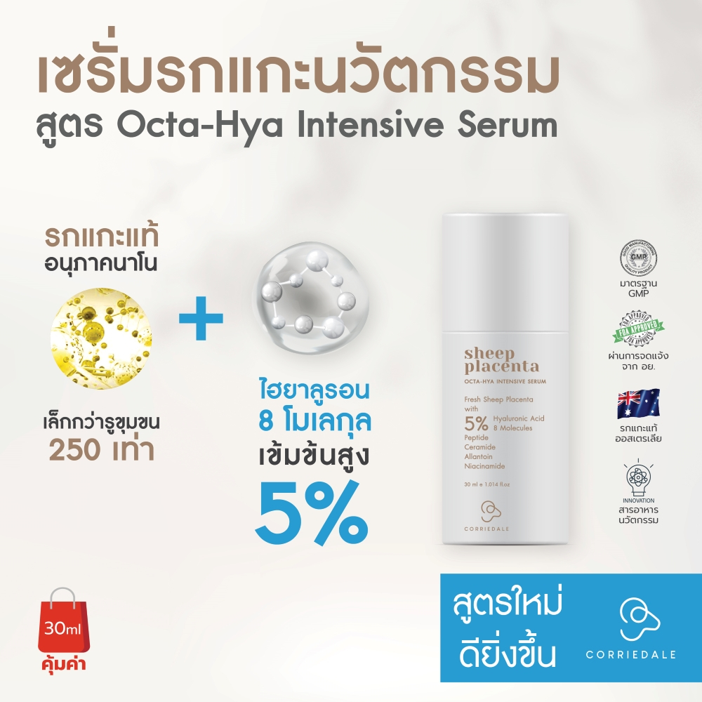 เซรั่มรกแกะนวัตกรรมคอร์ริเดล Corriedale Sheep Placenta Octa-Hya Intensive Serum 30 ml ต่อต้านริ้วรอยแรกเริ่ม