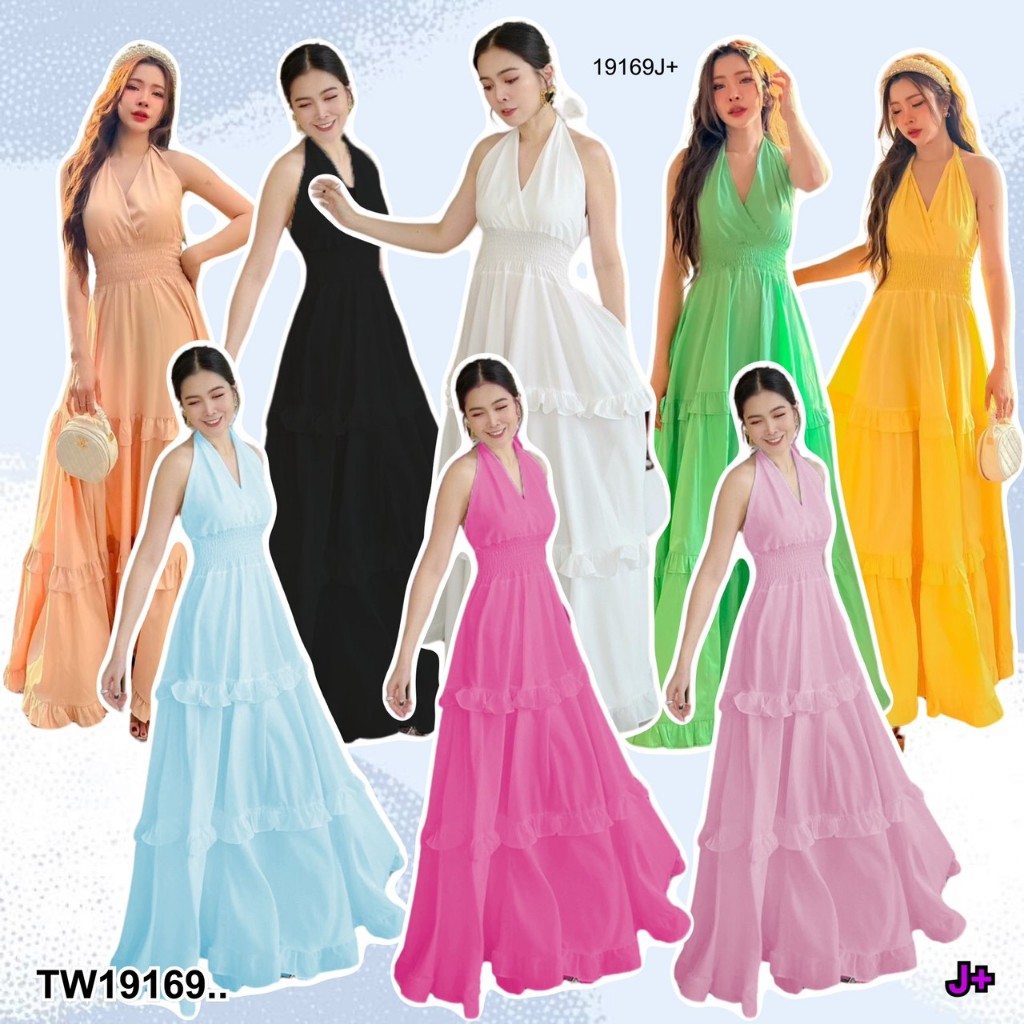 TwinsShopVip พร้อมส่ง TW19169 เดรสยาว แต่งสม็อคช่วงเอว ผูกโบว์ที่คอ ..