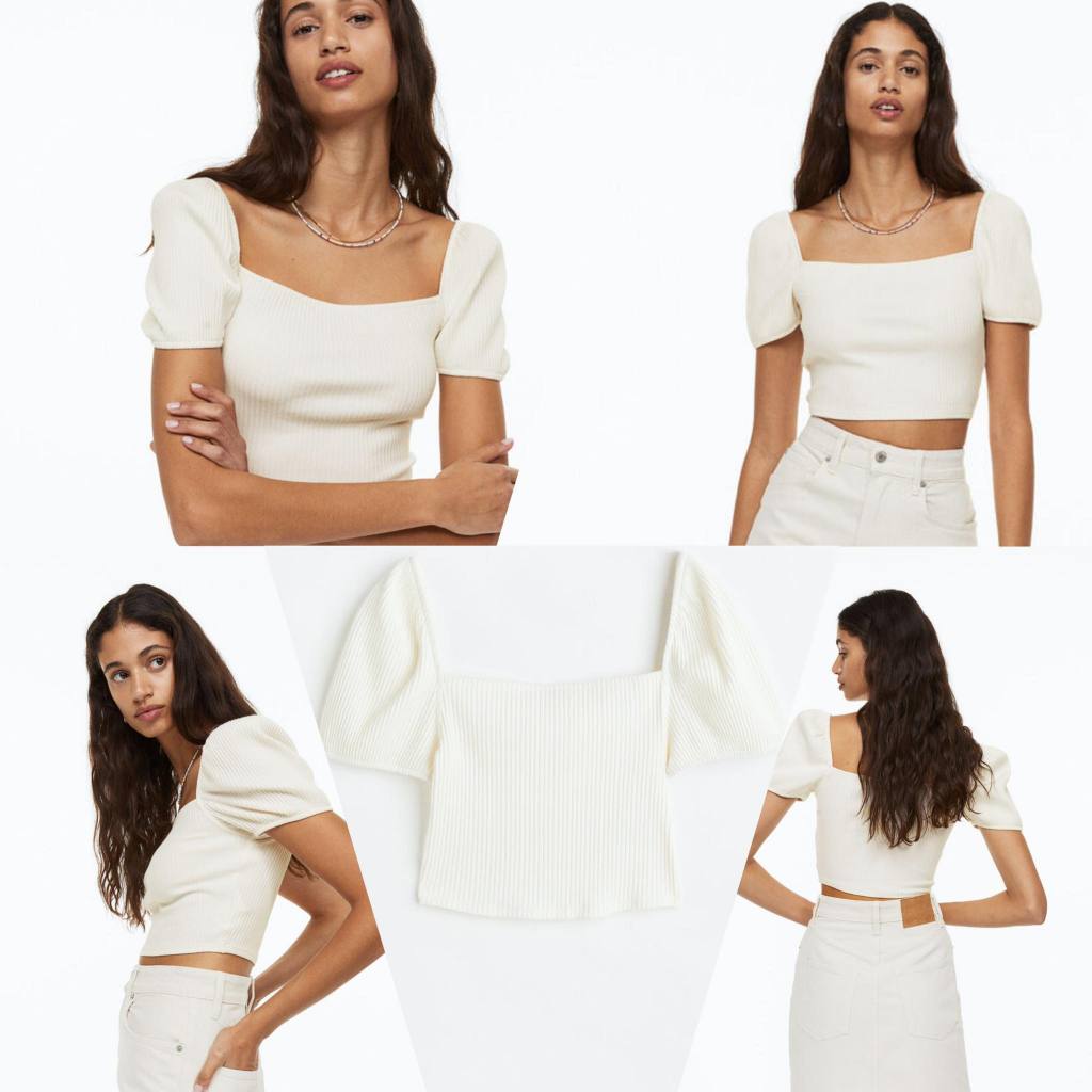 HM Puff-sleeved Ribbed Top เสื้อครอปคอเหลี่ยม ช่วงแขนพองๆมียางยืดที่ไหล่ เนื้อผ้าเจอร์ซี่ เนื้อผ้าร่องเล็ก ผ้าเนื้อนิ่ม