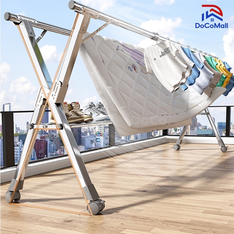[มีล้อ รุ่นอัพเกรด] ราวตากผ้า ราวตากผ้าสแตนเลส 240cm พับเก็บง่าย ยืดหดได้ ราวตากผ้าพับได้ ปรับขนาดได้ฟรี X Drying Rack