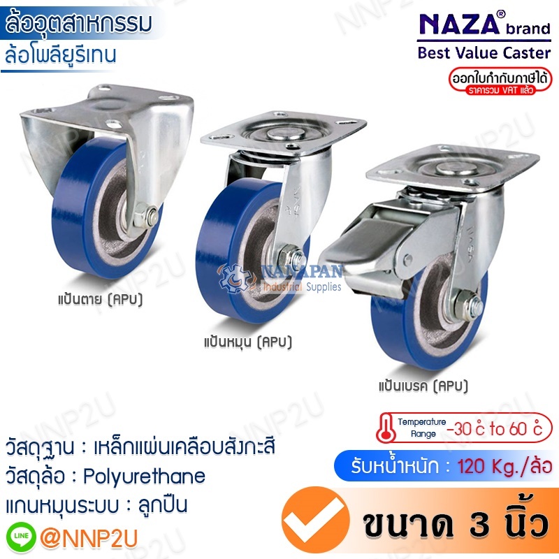 ล้อยูรีเทน NAZA สีน้ำเงิน ขนาด 3" แป้นหมุน/แป้นตาย/แป้นเบรค