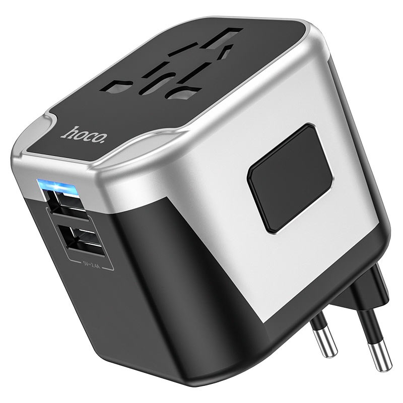 Hoco AC5 ปลั๊กไฟรอบโลก หัวแปลงปลั๊กต่างประเทศ ใช้ได้ทุกประเทศ EU, UK, AUS, US มีระบบกันไฟเกิน Universal Travel Adapter