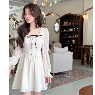 มินิ เดรสสีขาว ชุดน่ารักสไตล์เกาหลี เจ้าหญิง กระโปรงสาวอวบ ก…