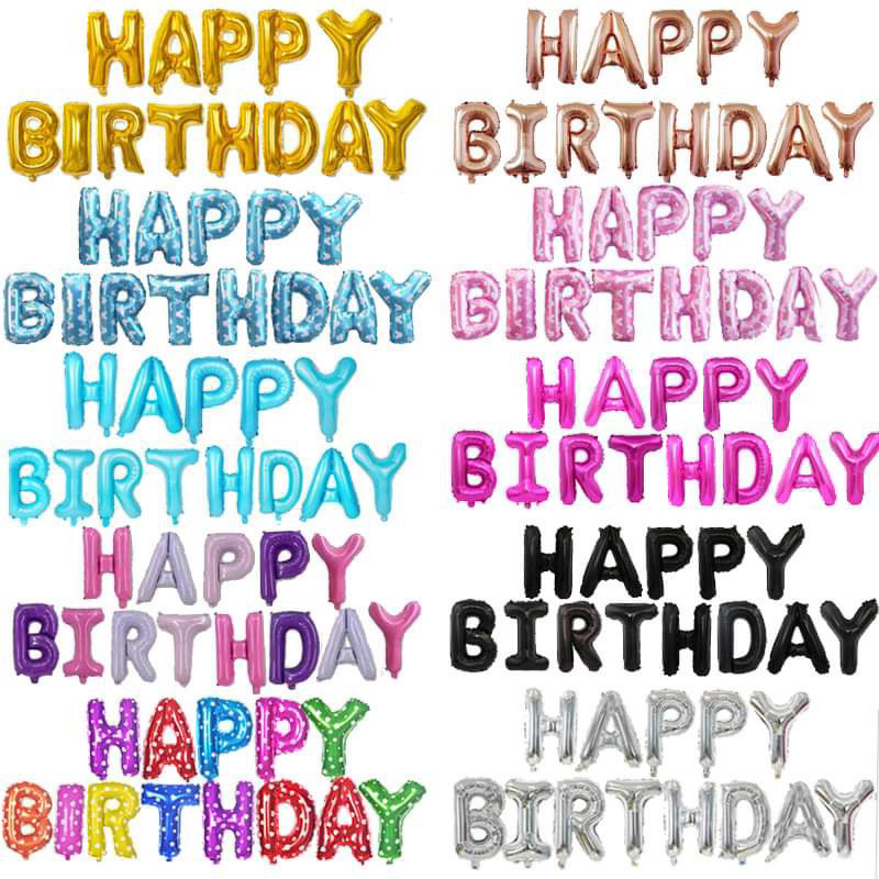 bluebellstuff ลูกโป่งวันเกิด ฟอยล์ HAPPY BIRTHDAY 16 นิ้ว (13ตัวอักษร) พร้อมหลอดเป่า+ริบบิ้น5เมตร