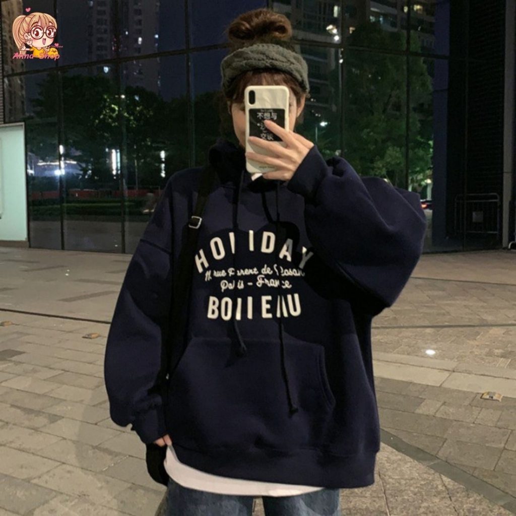 annacny เสื้อสเวตเตอร์ พิมพ์ลาย แขนยาว สไตล์เกาหลี โอเวอร์ไซส์ มีฮู้ดเท่ห์ๆ TS379