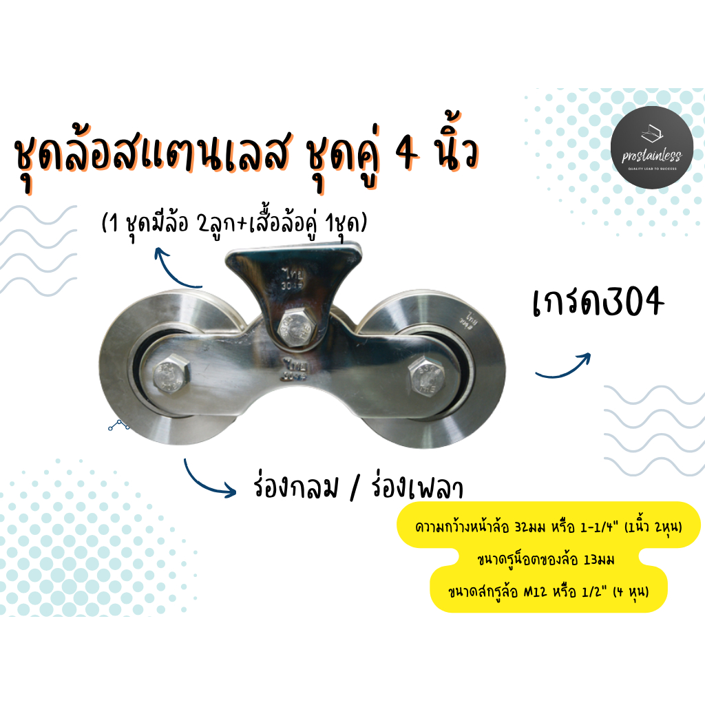 ล้อสแตนเลส ชุดคู่ 4 นิ้ว ร่องกลม/ร่องเพลา(ล้อ 2 ลูก+เสื้อล้อคู่ 1ชุด) ล้อประตูบานเลื่อน