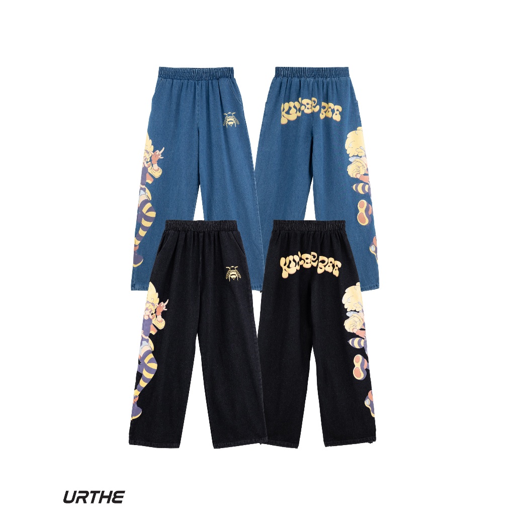 URTHE - กางเกงยีนส์ ขายาว เอวยืด สกรีนลาย รุ่น KILLER BEE JEANS