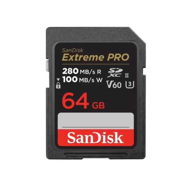 SanDisk Extreme Pro SDXC, SDSDXEP 64GB, V60, U3, C10, UHS-II, 280MB/s R, 100MB/s Model : SDSDXEP-064