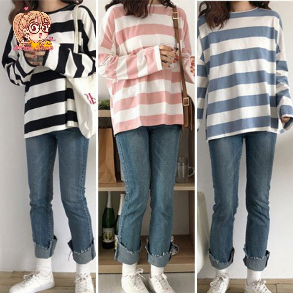annacny เสื้อยืดแขนยาว คอกลม แฟชั่นลายขวาง ทรงหลวม สไตล์เกาหลีน่ารัก TS649